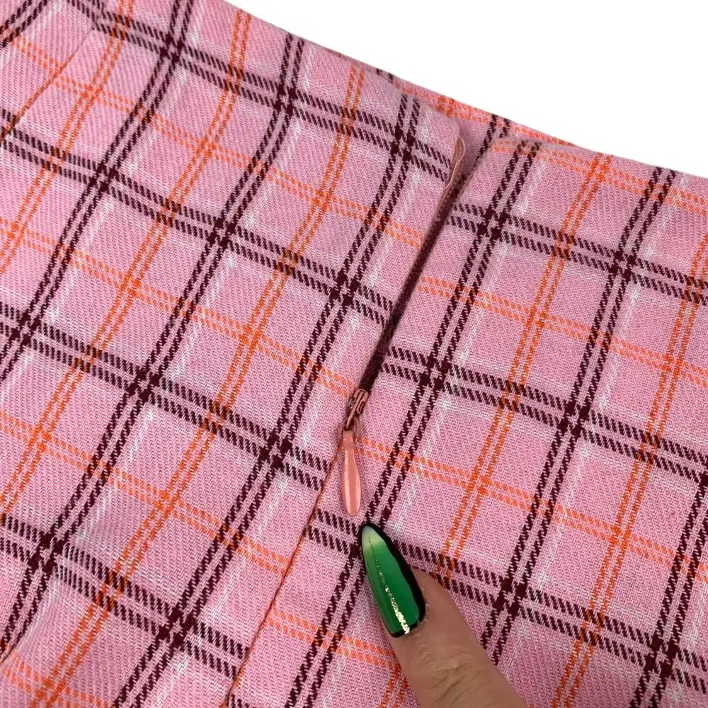 Vintage pink and orange plaid mini skirt with double slits - Picture 3 of 10